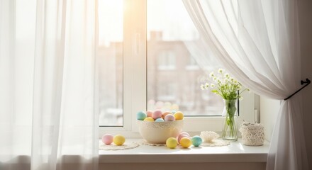 Easter Eggs in Sunshine: A bright window scene, showcasing an arrangement of colorful Easter eggs in a bowl, delicate flowers, and soft curtains bathed in the sunlight.