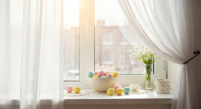Easter Eggs in Sunshine: A bright window scene, showcasing an arrangement of colorful Easter eggs in a bowl, delicate flowers, and soft curtains bathed in the sunlight.