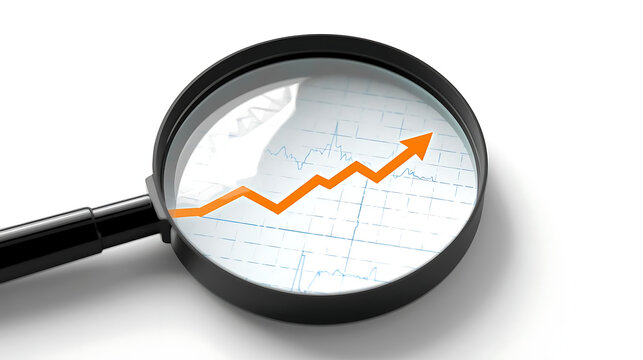 Business Growth Magnifier: Upward Trend Chart with Magnifying Glass for Market Analysis, Financial Success & Strategy
