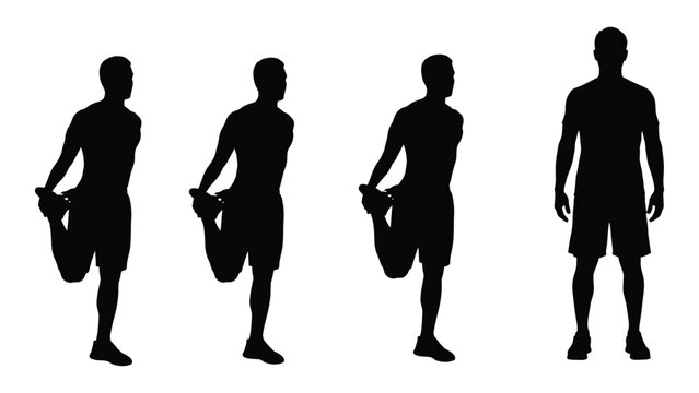 Silhouette series depicting a man performing a hamstring stretch in four stages