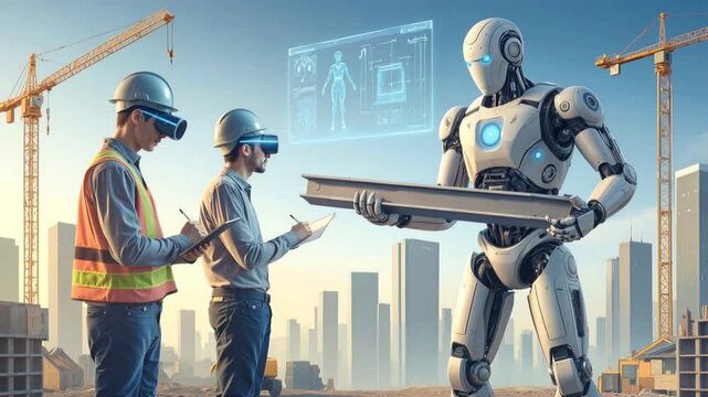 Construction engineers using virtual reality headsets to supervise humanoid robot. Artificial intelligence assisting with heavy lifting on urban building site. Lockdown wide shot.