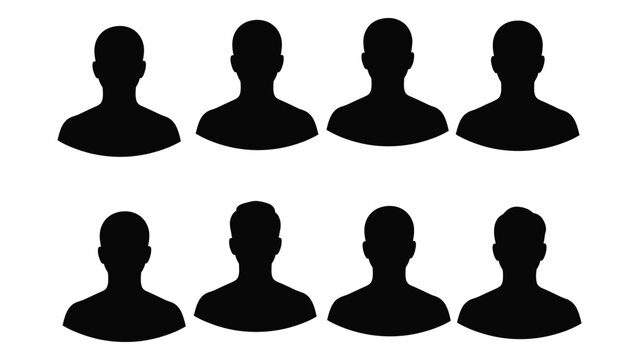 Eight anonymous silhouettes of human heads arranged in a grid pattern
