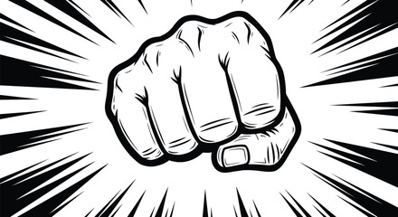 The black and white aggressive clenched fist punch illustration radiates strong power lines symbolizing impact and intense confrontation.