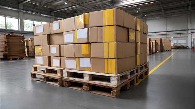 Large stack of cardboard boxes on wooden pallets in a spacious, bright industrial warehouse ready for shipment or storage, depicting logistics operations