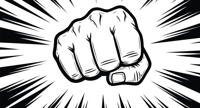 The black and white aggressive clenched fist punch illustration radiates strong power lines symbolizing impact and intense confrontation.