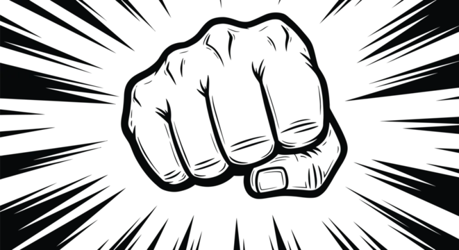 The black and white aggressive clenched fist punch illustration radiates strong power lines symbolizing impact and intense confrontation.