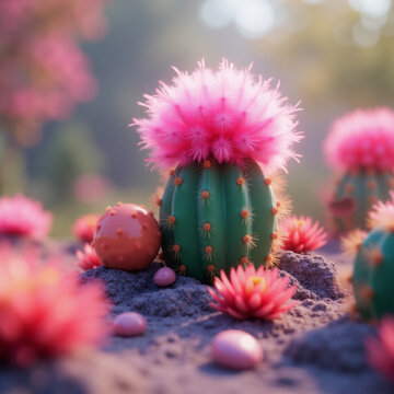 Whimsical Surreal Garden with Glowing Feather Cactus and Macaron Succulent. Generative ai.