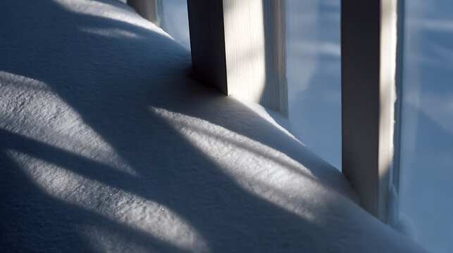 Abstract image capturing early morning shadows dance gracefully on a pristine, freshly fallen snow surface, creating a peaceful winter scene