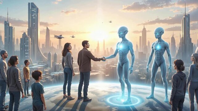 Man shaking hands with extraterrestrial being in futuristic city. First contact between humans and aliens at sunset. Lockdown wide shot.