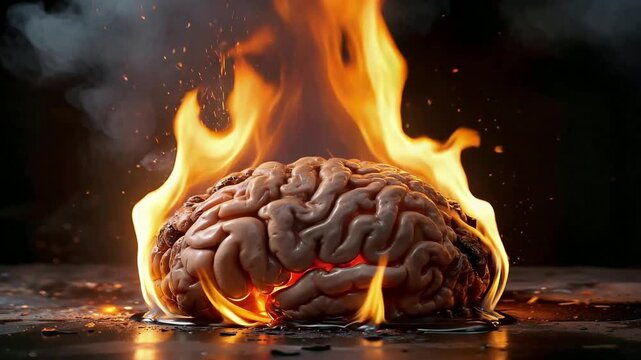 Human brain engulfed in bright orange flames against dark background. Concept of burnout and mental exhaustion. Tilt down camera movement.