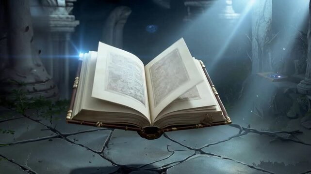 Ancient spellbook levitating and opening in mystical stone ruins. Magical glowing tome with blue light and floating particles. Panning and tilting camera movement.