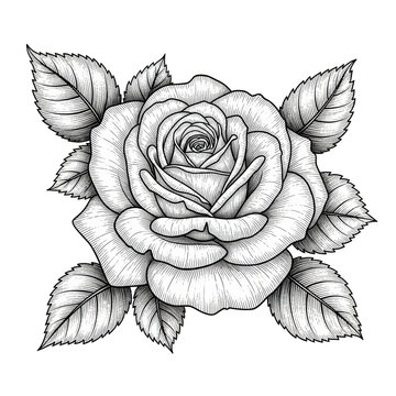 Elegant black and white line drawing of a classic rose isolated on transparent background