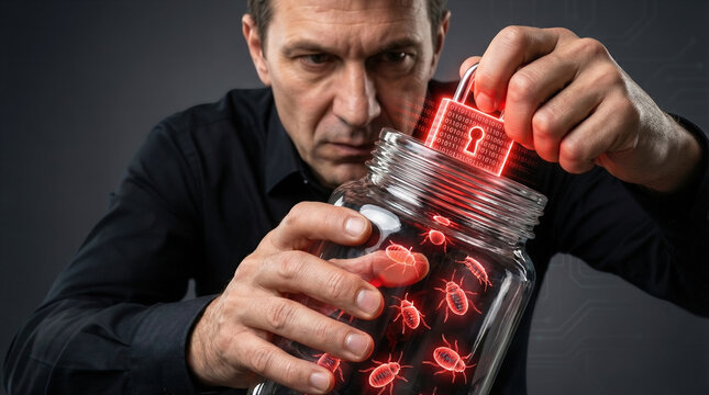 Concept of a programmer catching red computer bugs in a glass jar with a digital binary padlock, malware quarantine and debugging
