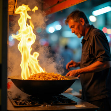 Street Food Vendor in Bangkok Making Pad Thai in Wok with Flames. Generative ai.