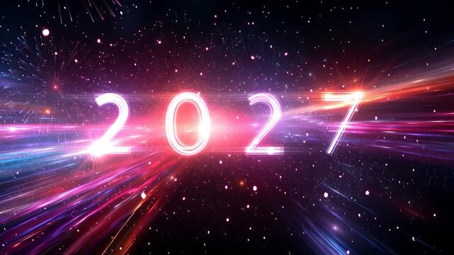 Wide Shot of Glowing 2027 Text Moving Through Starfield Space Backdrop