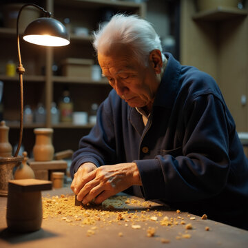 Japanese Craftsman in Cluttered Workshop Carving Wood with Concentration. Generative ai.