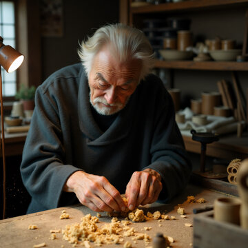 Japanese Craftsman in Cluttered Workshop Carving Wood with Concentration. Generative ai.
