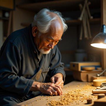 Elderly Japanese Craftsman Carving Wood with Traditional Tools in Workshop. Generative ai.