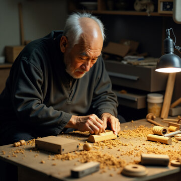 Elderly Japanese Craftsman Carving Wood with Traditional Tools in Workshop. Generative ai.
