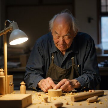 Elderly Japanese Craftsman Carving Wood with Traditional Tools in Workshop. Generative ai.