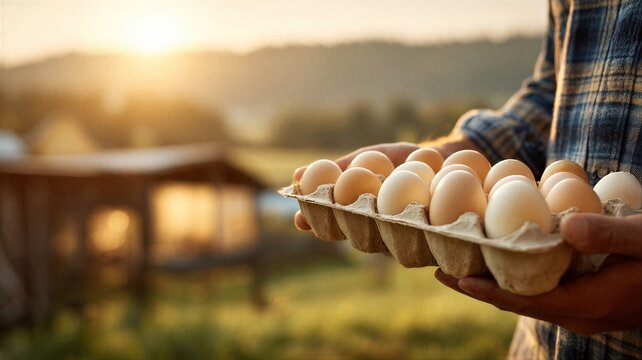 Farmer holding carton with fresh organic eggs at sunrise. Man collecting poultry products from countryside farm. Sustainable agriculture and healthy raw food production concept.