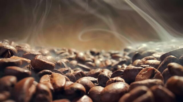Roasting coffee beans process with smoke rising in slow motion from freshly roasted seeds on dark background