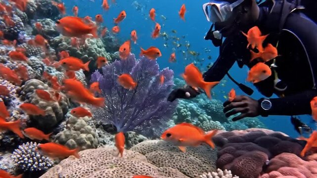 scuba diver exploring vibrant coral reef with numerous orange fish swimming around in clear blue oce