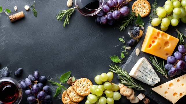Wine glass and cheese with grapes framing empty slate