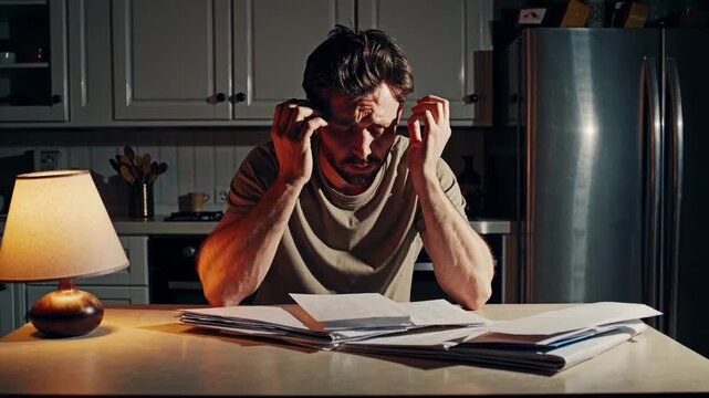 Nighttime Financial Stress. Man Overwhelmed By Bills Late At Night. Exhausted Man Reviews Bills Under Warm Lamp Light. Late Evening Scene Of Man Anxious Over Unpaid Bills And Documents