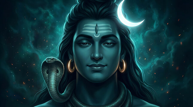 Blue divine portrait of mahadev with glowing crescent moon and snake for holy maha shivratri festival and the auspicious religious day of maha shomvar now