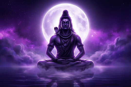Spiritual meditation of mahadev in purple moonlight over water for the divine festival of maha shivratri and the peaceful holy prayer of maha shomvar always