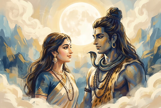 Romantic painting of mahadev and goddess parvati under full moon for the holy festival of maha shivratri and the sacred weekly fast of maha shomvar