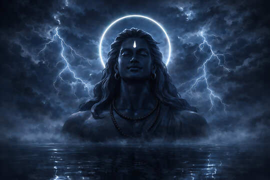 Dark spiritual portrait of mahadev in stormy sea with lightning for the divine night of maha shivratri and the holy religious day of maha shomvar