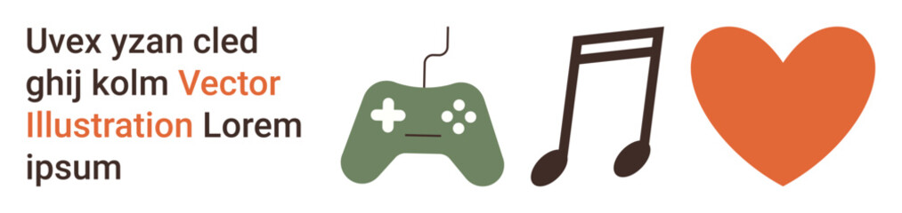Gaming, music, entertainment, creativity, hobbies, and multimedia. A green game controller, black musical note and orange heart in a simple layout. Gaming and music concept © robu_s