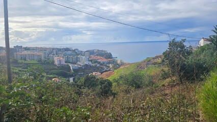 Elevated view of Funchal, Madeira with coastal city buildings, terraced hillsides and the Atlantic Ocean under a dramatic cloudy sky, framed by natural vegetation. © Sebastiaan89