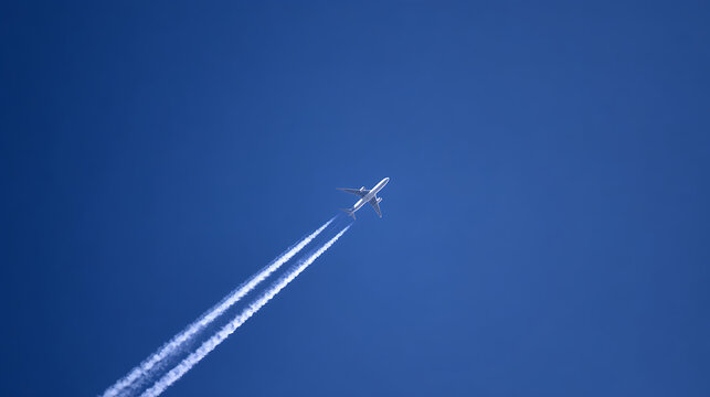 A commercial aircraft soars high in a vibrant clear blue sky, leaving a prominent white contrail behind, symbolizing travel and exploration