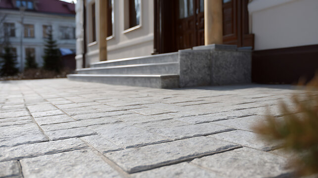 Modern Architectural Exterior with Interlocking Paver Driveway and Grey Stone Steps Leading to a Building Entrance Design