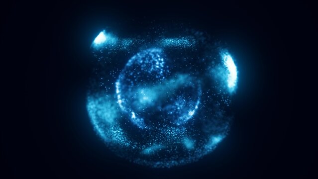 Blue energy magic circle, sphere, ball made of futuristic energy particles, force field made of dots. Abstract background