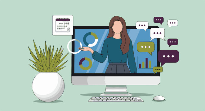 Virtual presentation, online business meeting with data and chat bubbles