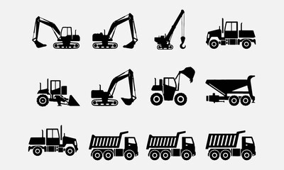 Set of construction equipment silhouettes, isolated on a white background, ideal for building, engineering, industrial © lokshmon