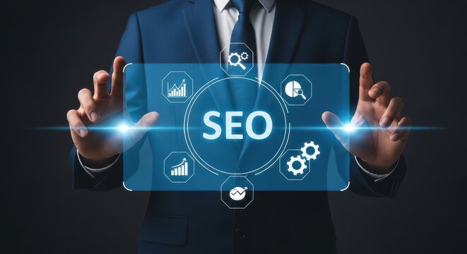 Businessman interacting with a digital interface showing seo optimization concepts search engine optimization strategy and digital marketing