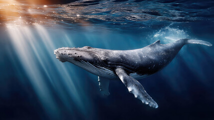 Obraz premium Humpback whale swimming gracefully through sunlit blue ocean water, symbolizing marine conservation, ocean health, and celebrating World Oceans Day. World Oceans Day