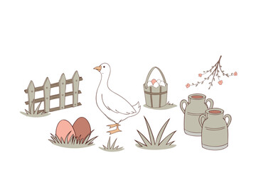 White goose stands near fence and eggs. Pasture features grass, berries, and milk jugs. Simple, hand-drawn style with soft tones © Kate