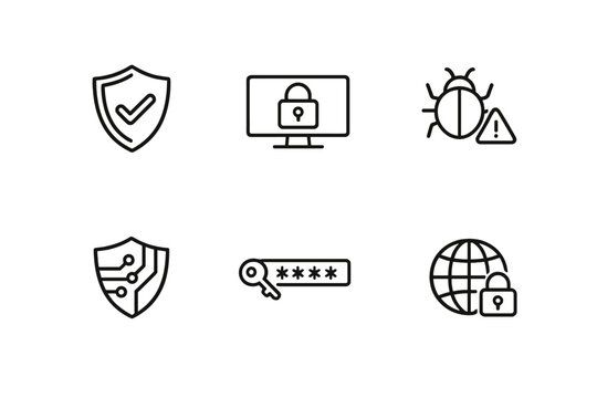 A collection of six black line icons representing cyber security
