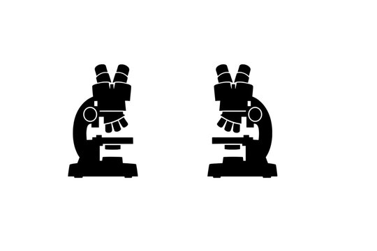 Two black silhouettes of optical microscopes arranged symmetrically