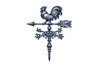 An ornate dark blue weather vane illustration with a rooster perched © Alan