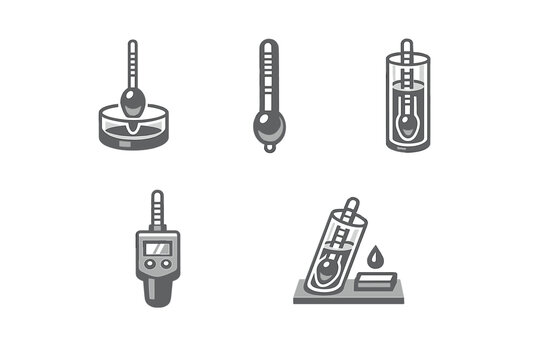 Set of five grayscale flat vector icons illustrating hydrometers and
