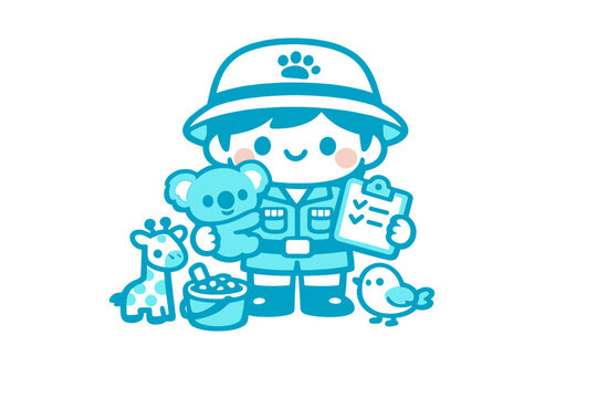 A cute cartoon zookeeper character in a pith hat holding a koala and
