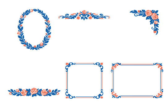 A collection of hand-drawn floral frames and borders in blue and