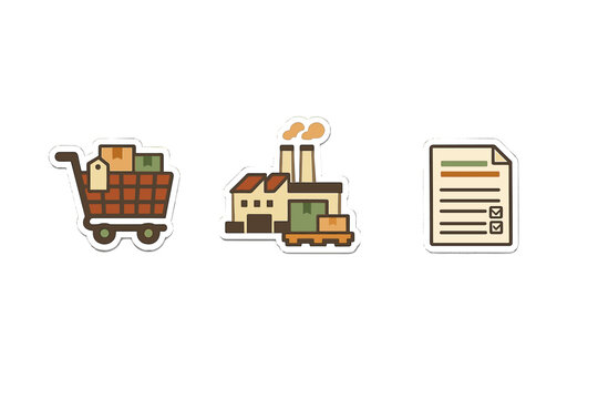A set of three icons representing a shopping cart with packages, an